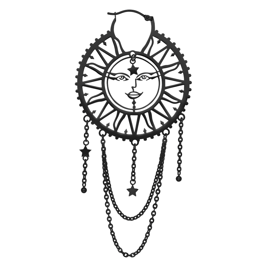 Oldschool Sun Moon Hoops - Schwarz Schwarzer Ohrring mit Sonne-Mond-Design und Kettenanhängern