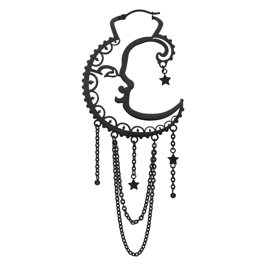 Schwarze Oldschool Sun Moon Hoops Ohrringe Schwarze Oldschool Sun Moon Hoops Ohrring mit Mond- und Sonnendesign auf weißem Hintergrund