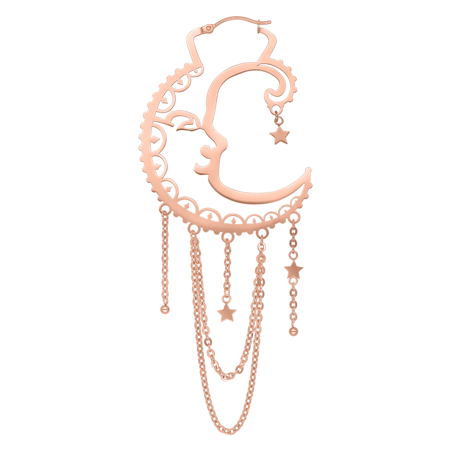 Ohrring aus Roségold in Form von Sonne und Mond mit hängenden Sternen auf weißem Hintergrund