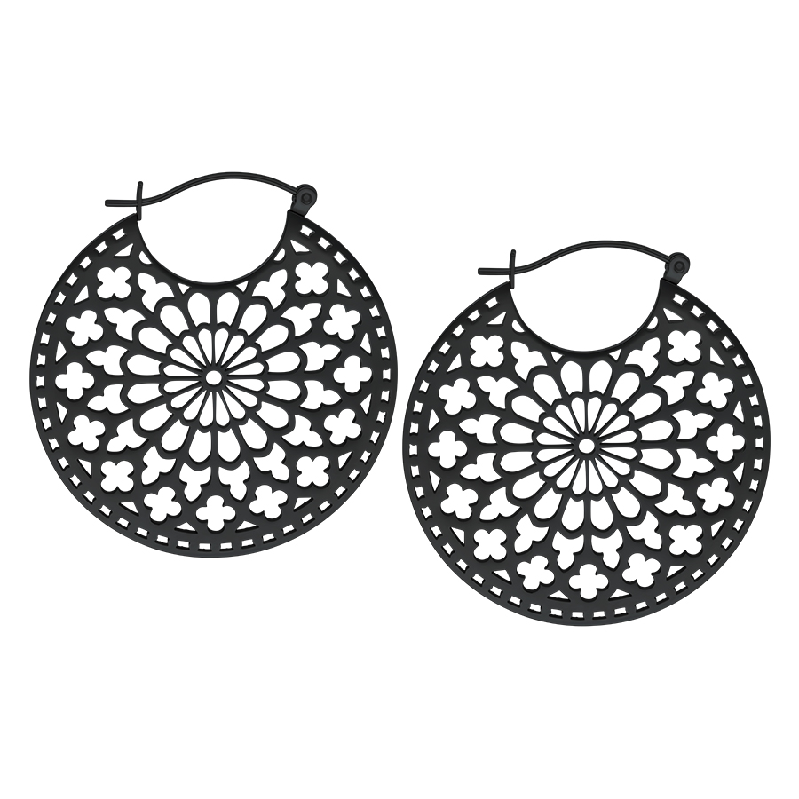 Runde schwarze Ohrringe aus Chirurgenstahl mit Klappverschluss auf weißem Hintergrund