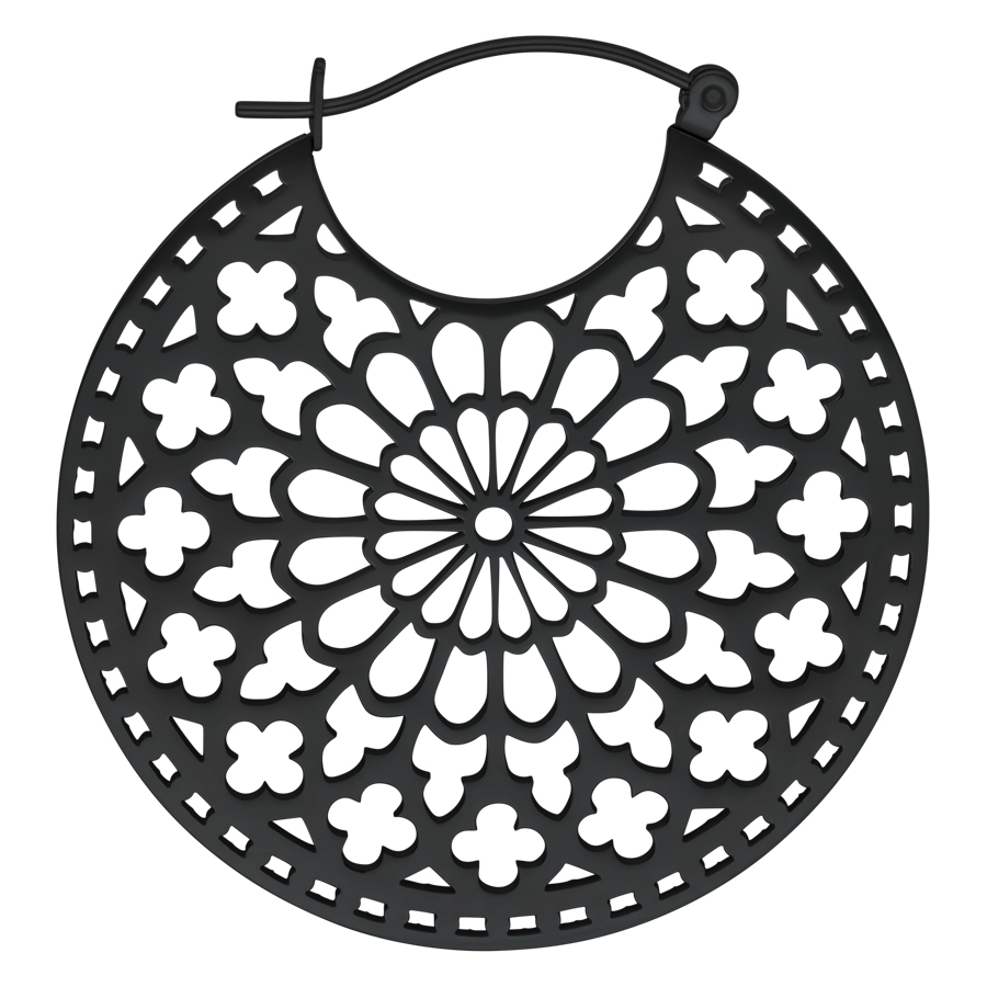 Runde, schwarze Ohrringe mit gotischem Muster auf weißem Hintergrund