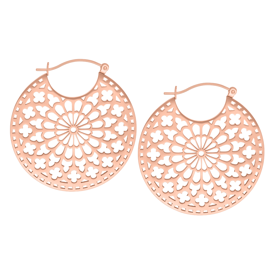 Ruusukultaiset Cathedral Hoops korvakorut hienostuneella kuviolla valkoisella taustalla