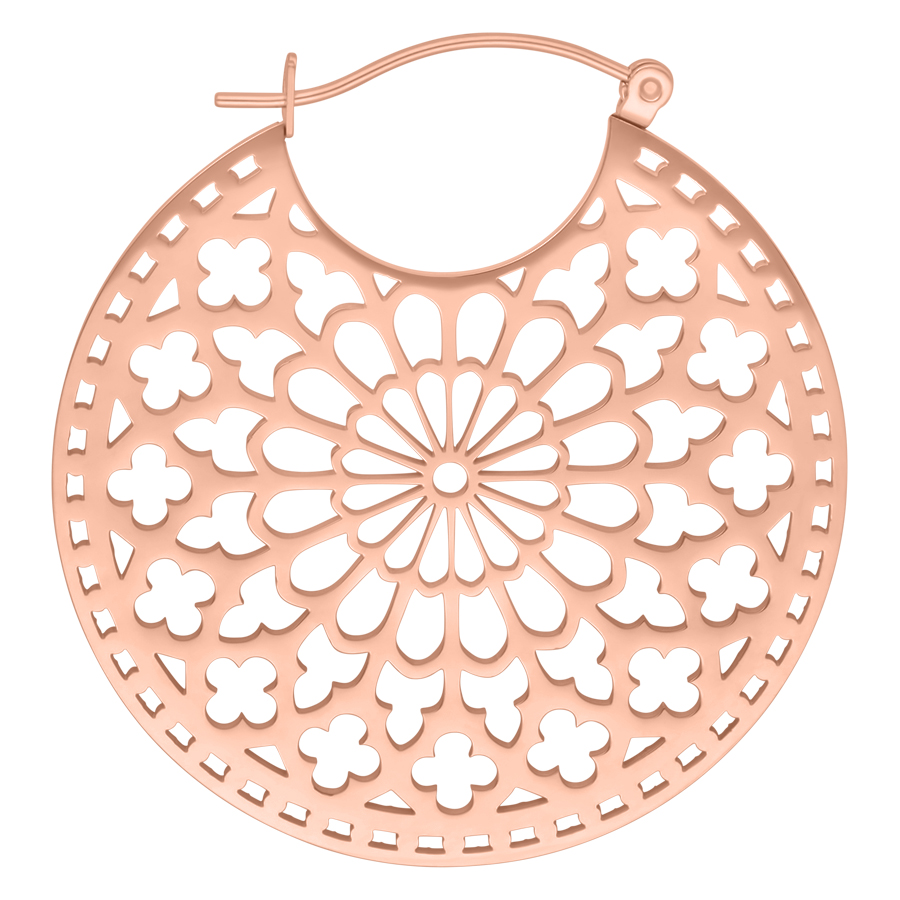 Pyöreä ruusukultainen korvakoru hienolla kuvioinnilla ja klipsilukolla