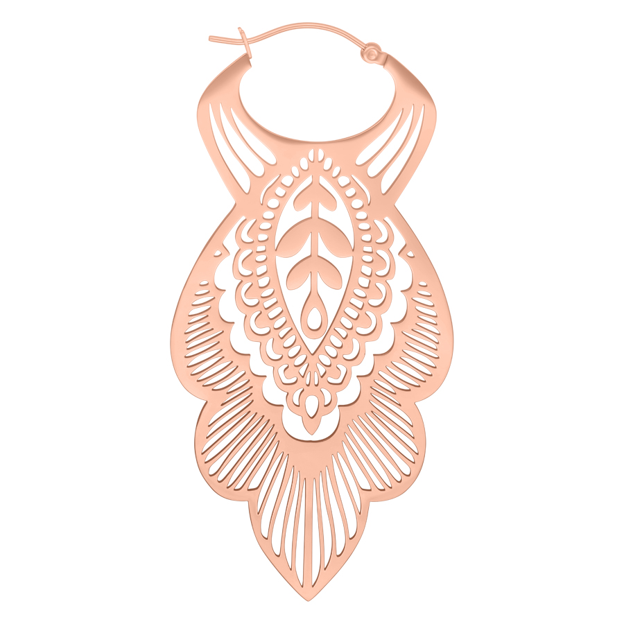 Ruusukultaiset Mandala Leaf Hoop -korvakorut hienostuneella kuviolla valkoisella taustalla