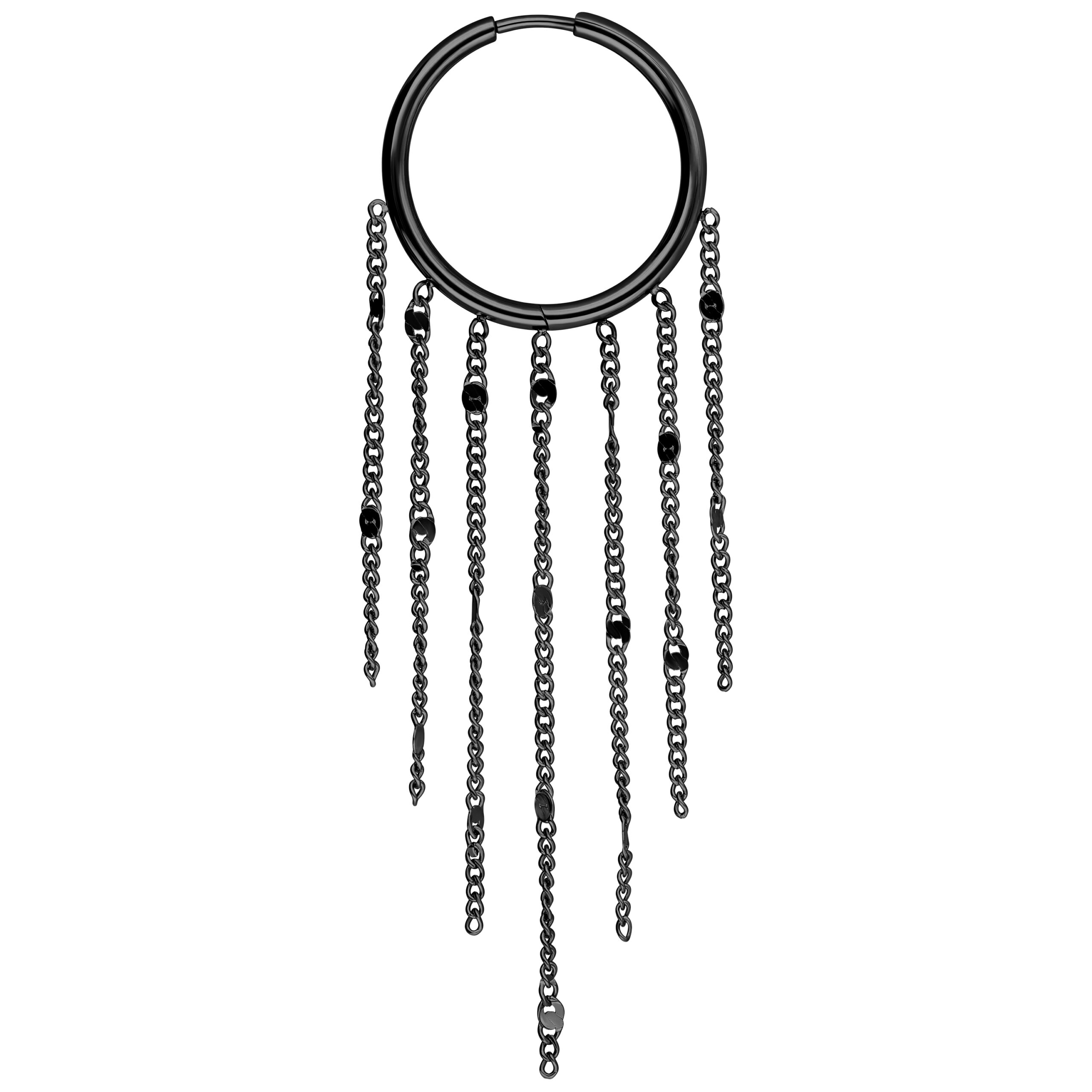 Schwarze Ohrringe mit langen Tassel-Elementen auf weißem Hintergrund