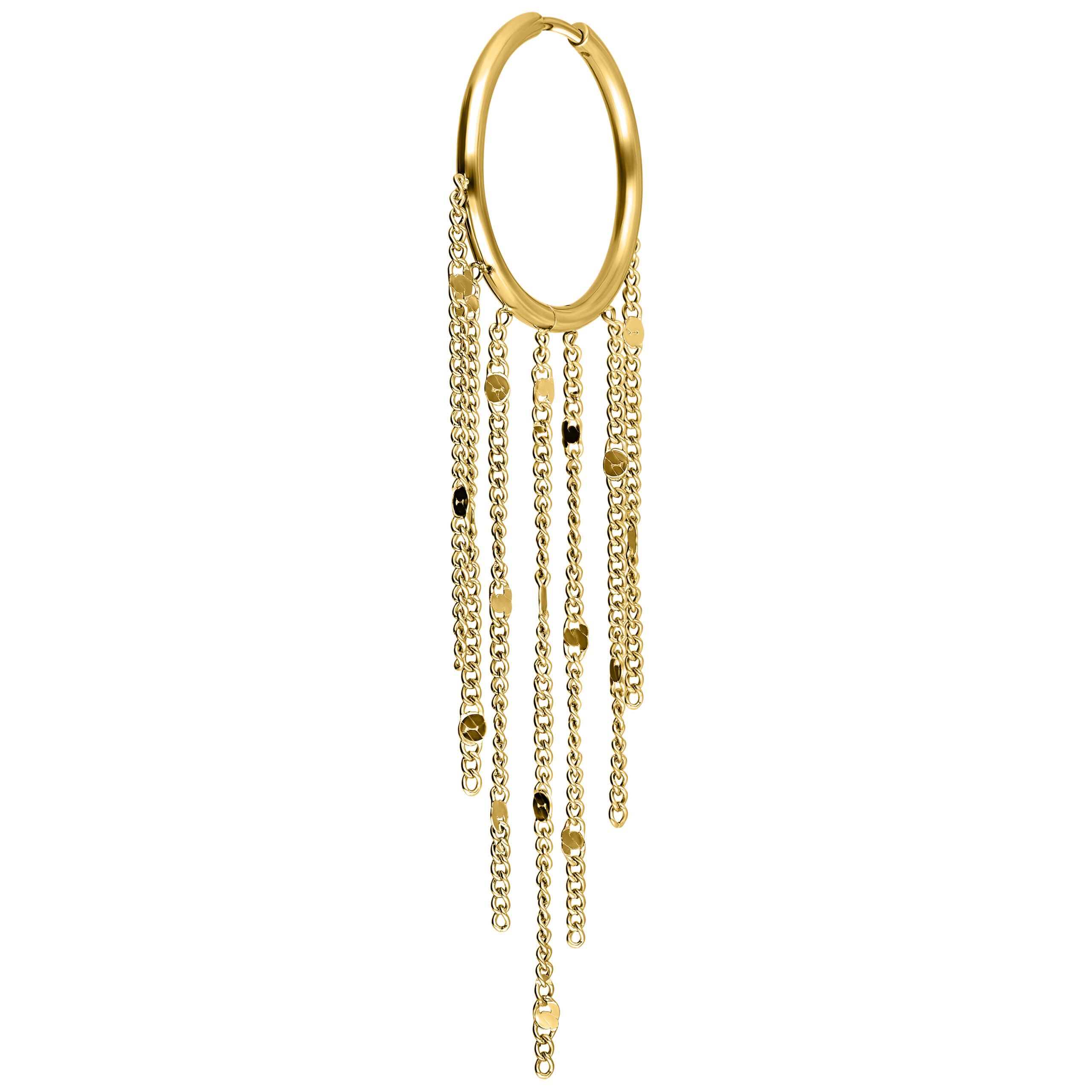 Goldene Ohrringe mit langen Fransen auf weißem Hintergrund, glänzendes Design