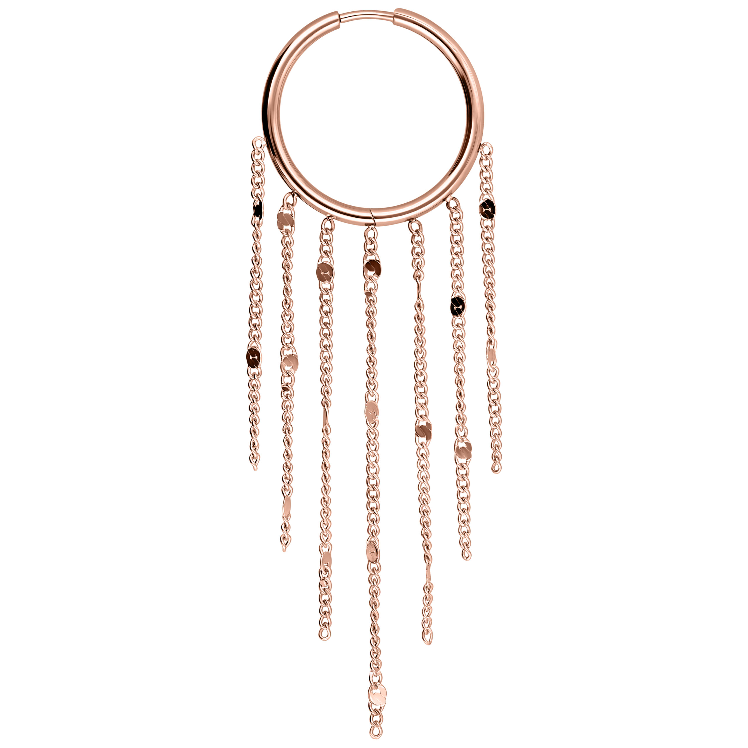 Ruusuhopeat korvakorut pitkine tupsuketjuineen valkoisella taustalla