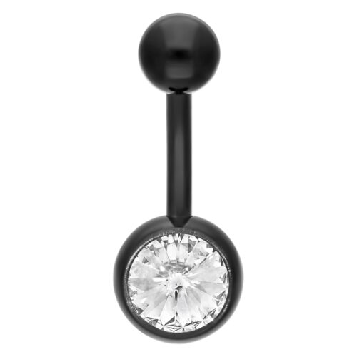 Schwarzes Bauchnabelpiercing aus Titan mit klarem Kristall, 12mm Länge auf weißem Hintergrund