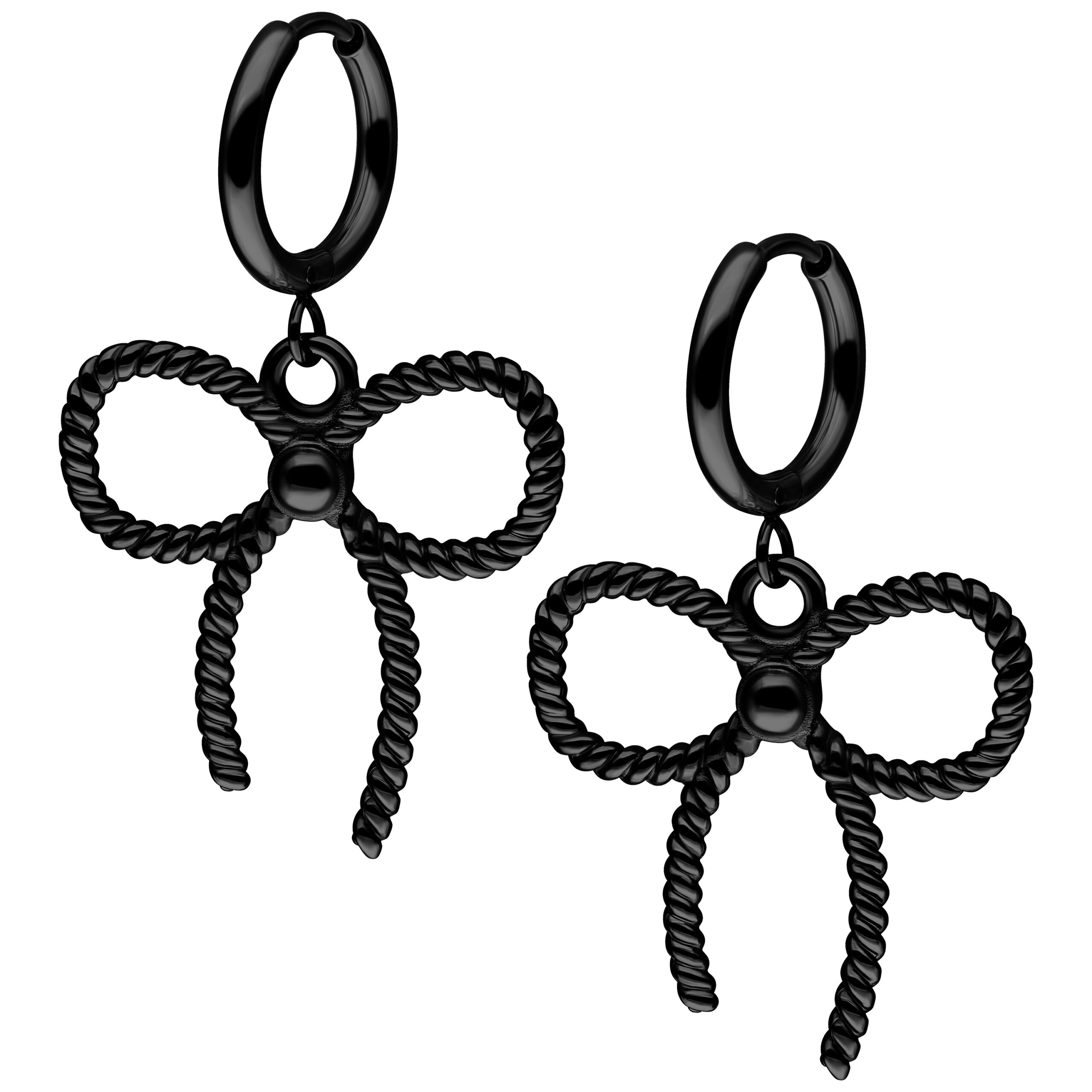 Schwarze Ohrhänger mit Schleifen aus Chirurgenstahl Schwarze Ohrringe mit gedrehten Schleifen auf weißem Hintergrund