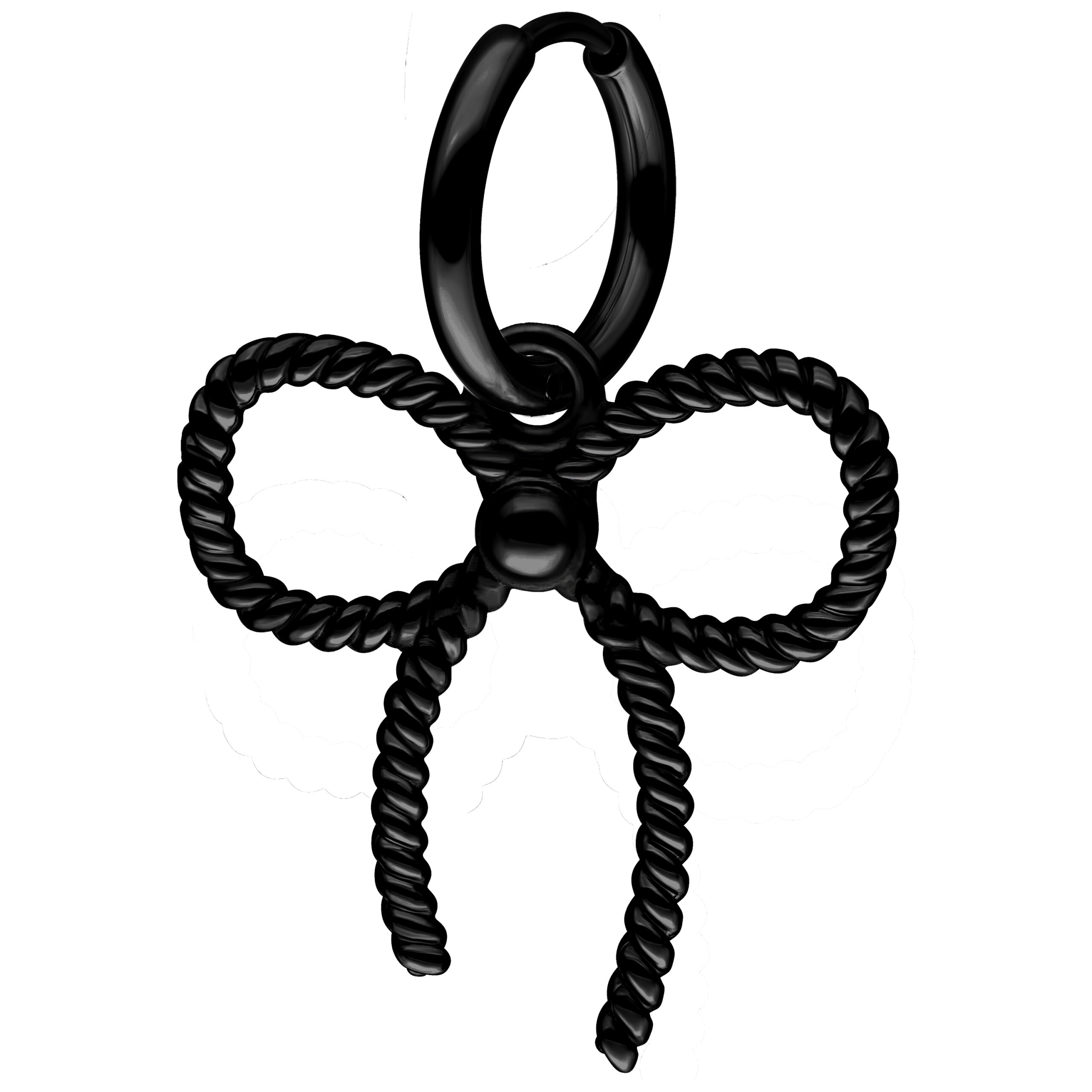 Schwarze Little Twisted Bow Hoops Schwarzer Ohrring in Schleifenform auf weißem Hintergrund