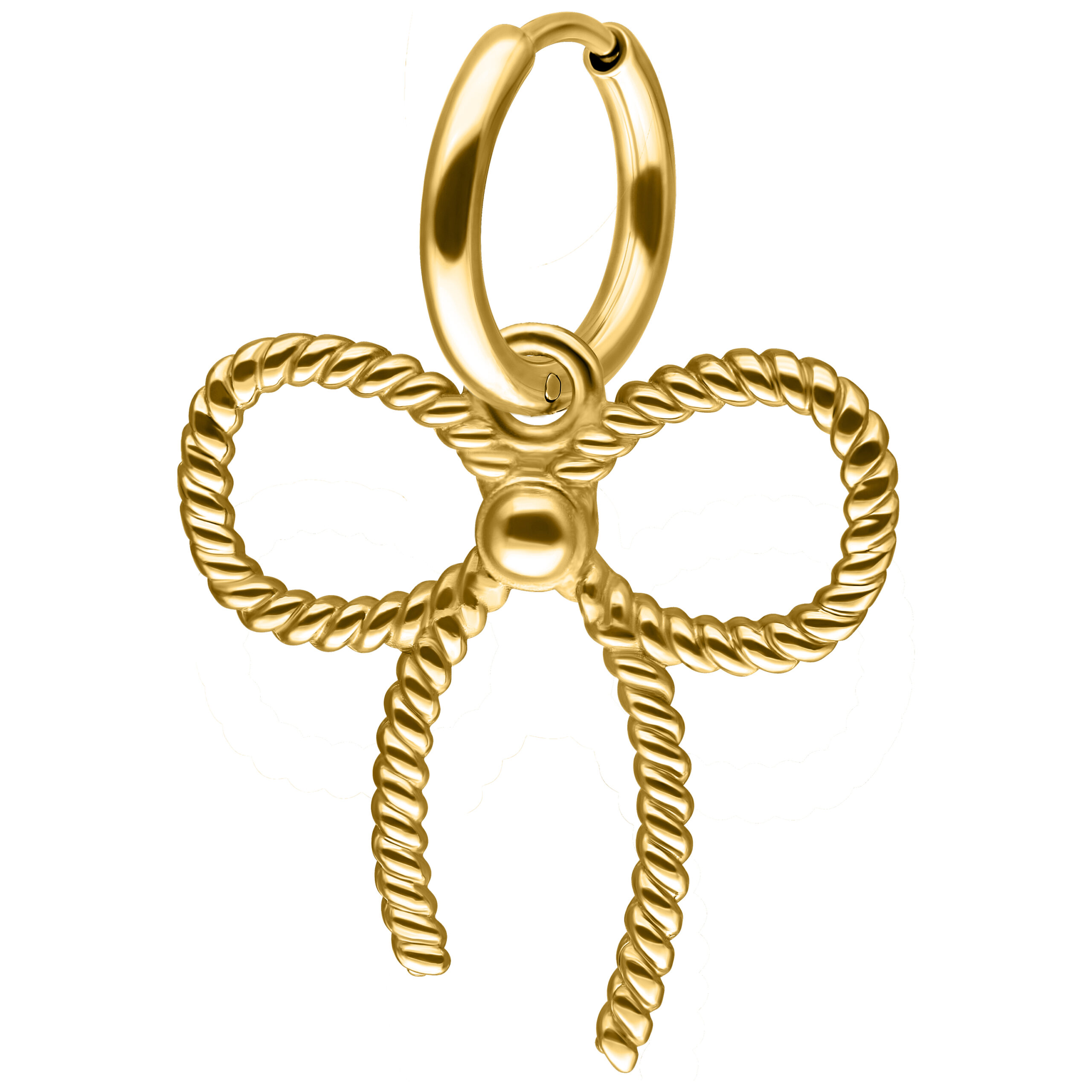 Goldene Ohrringe in Schleifenform mit gedrehten Details auf weißem Hintergrund