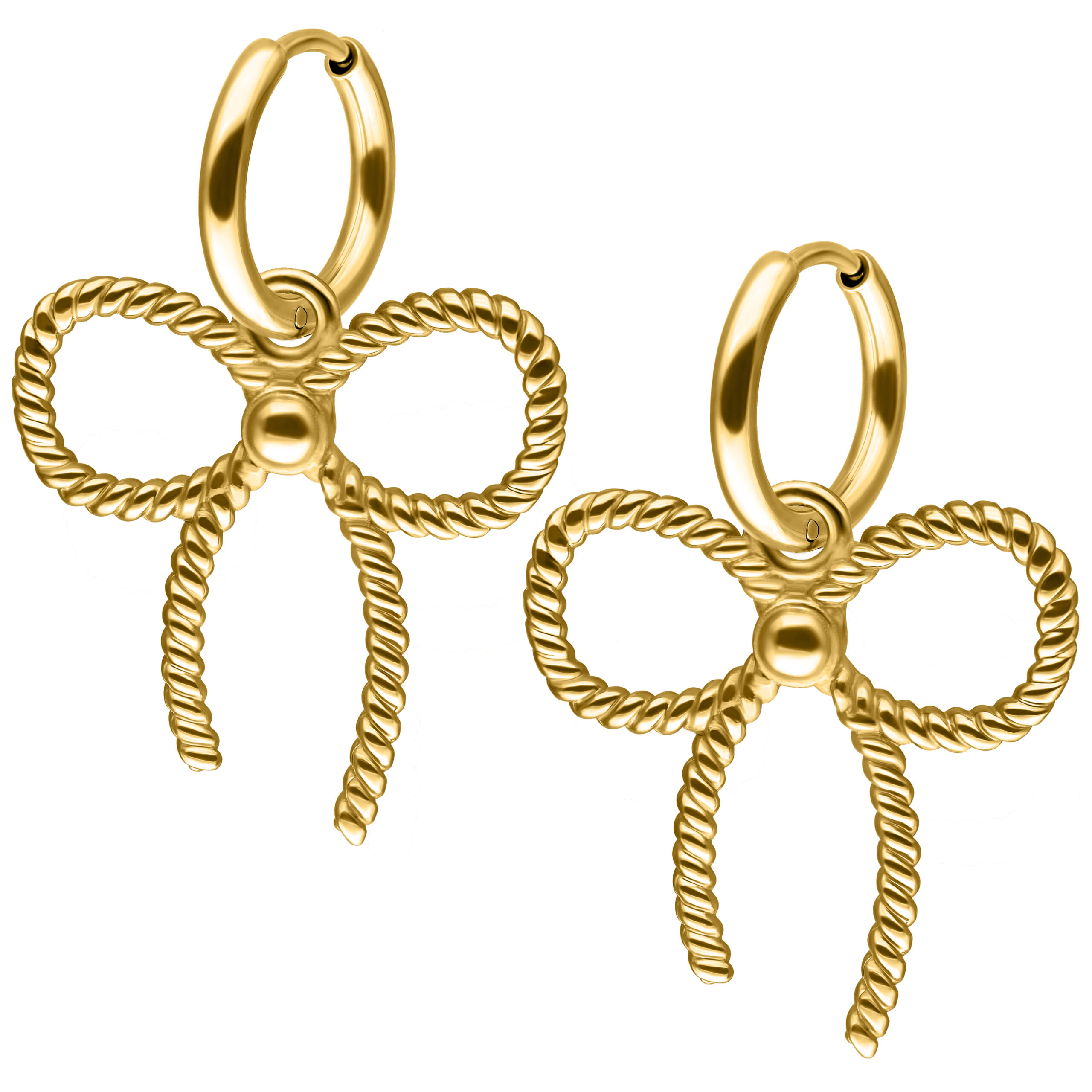 Goldene Ohrringe in Schleifenform auf weißem Hintergrund