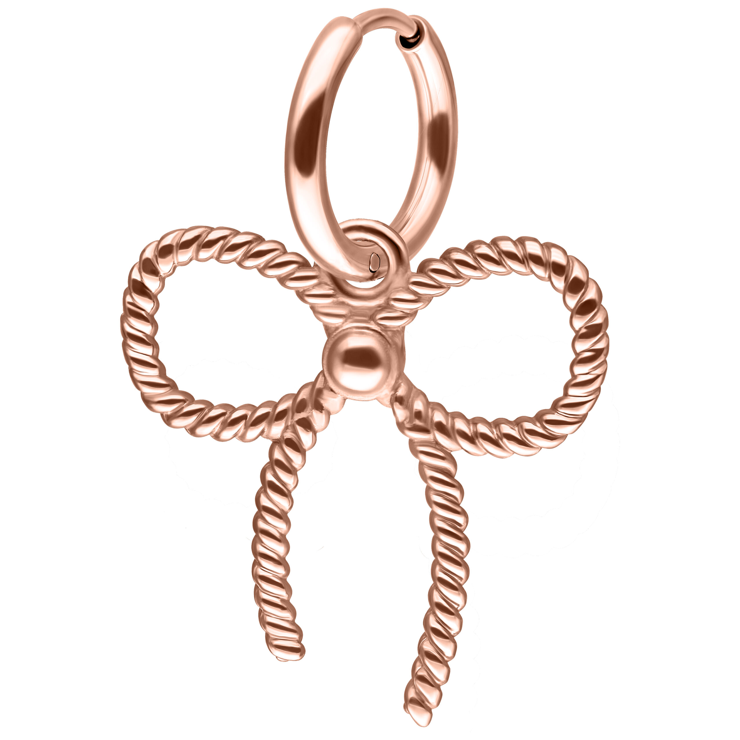 Ruusukultaiset korvakorut kierretyllä rusetilla valkoisella taustalla