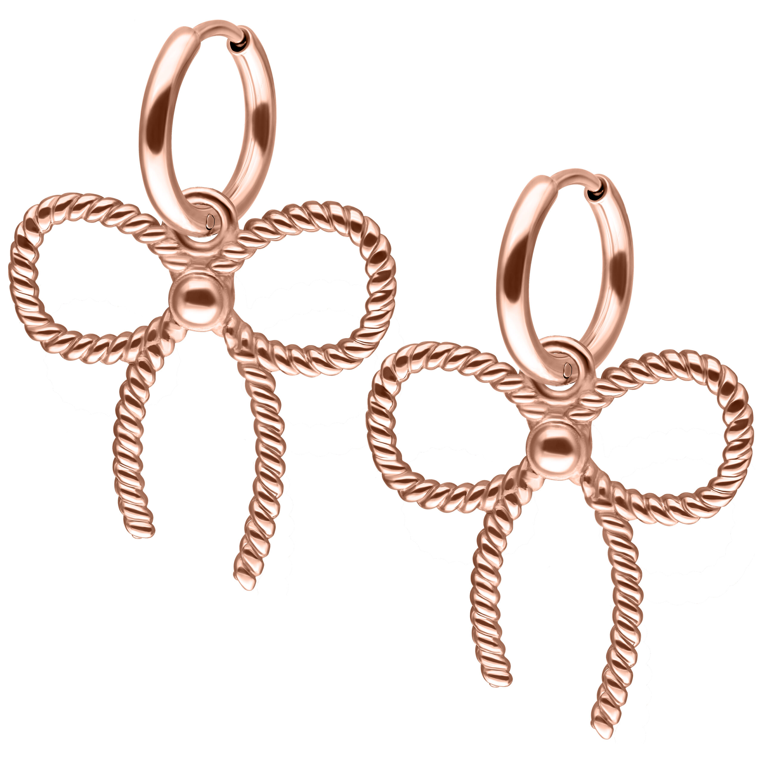 Kaksi rosékultaista rusetinmuotoista korvakorua valkoisella taustalla