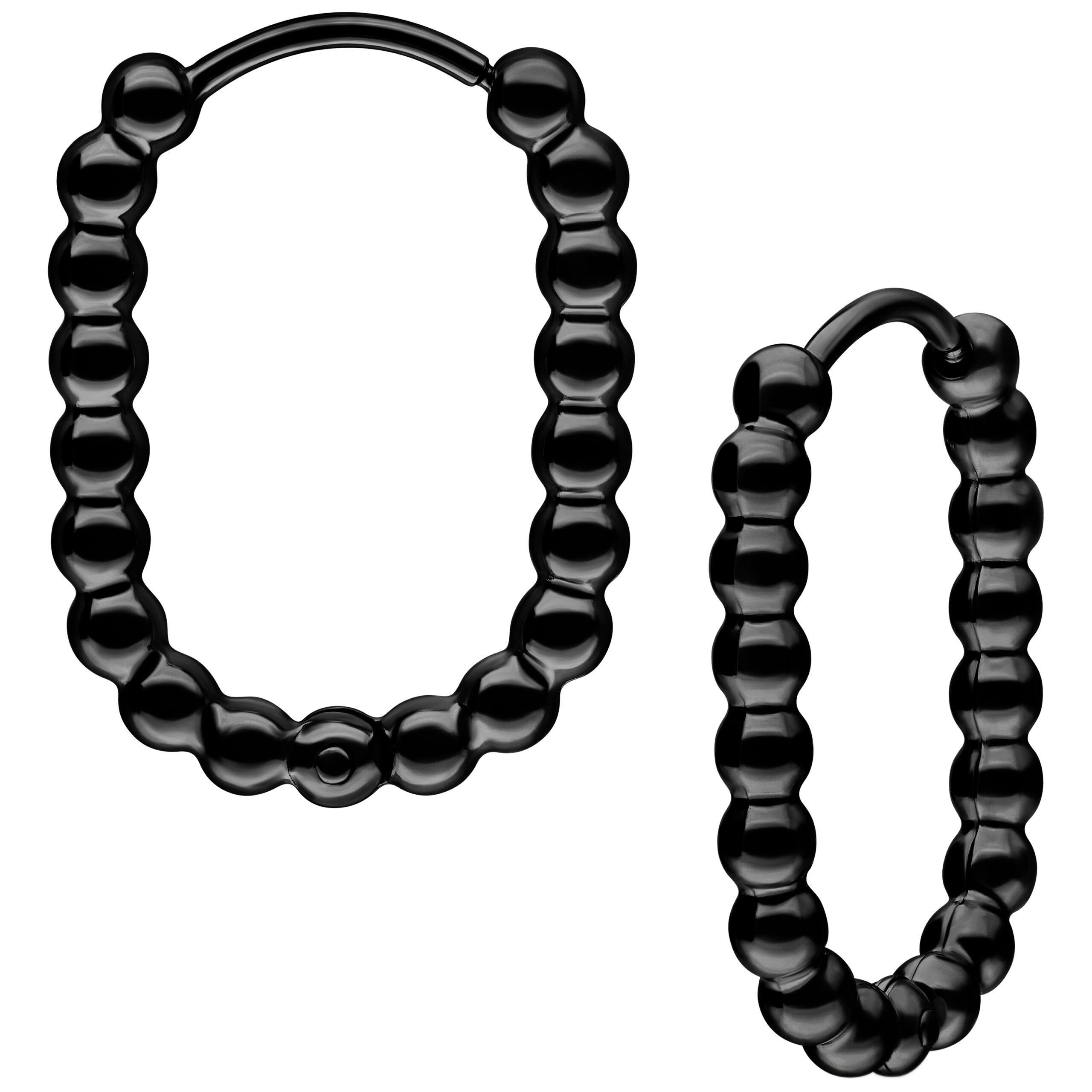 Schwarze Oval Bubble Hoops Ohrringe Zwei schwarze oval geformte Bubble Hoops Ohrringe aus Chirurgenstahl auf weißem Hintergrund