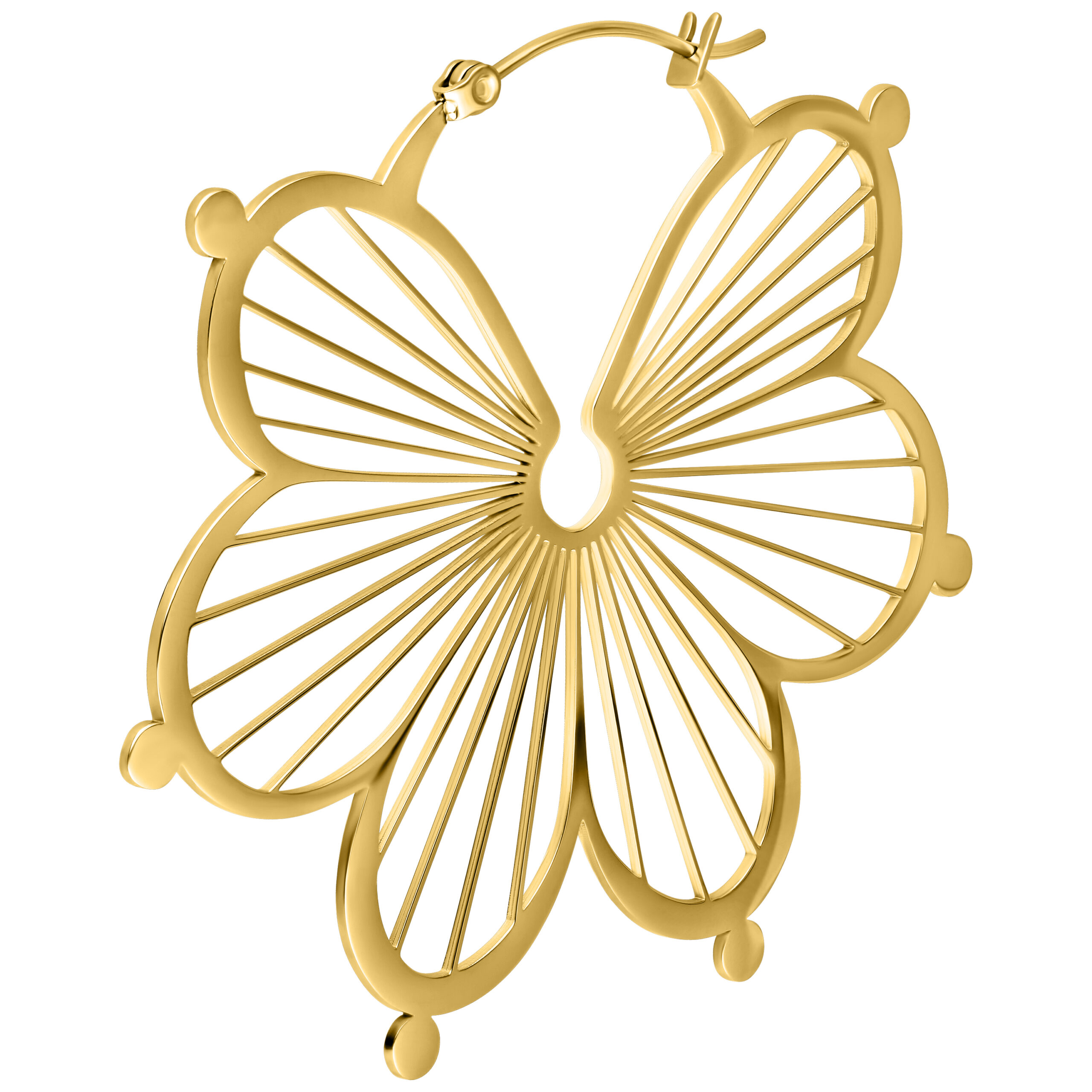 Goldene Flower Hoops Ohrringe aus Chirurgenstahl mit Klappverschluss auf weißem Hintergrund