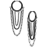 Schwarze Multilayer Hoops Ohrringe Schwarze Ohrringe mit mehreren Kettenlagen auf weißem Hintergrund