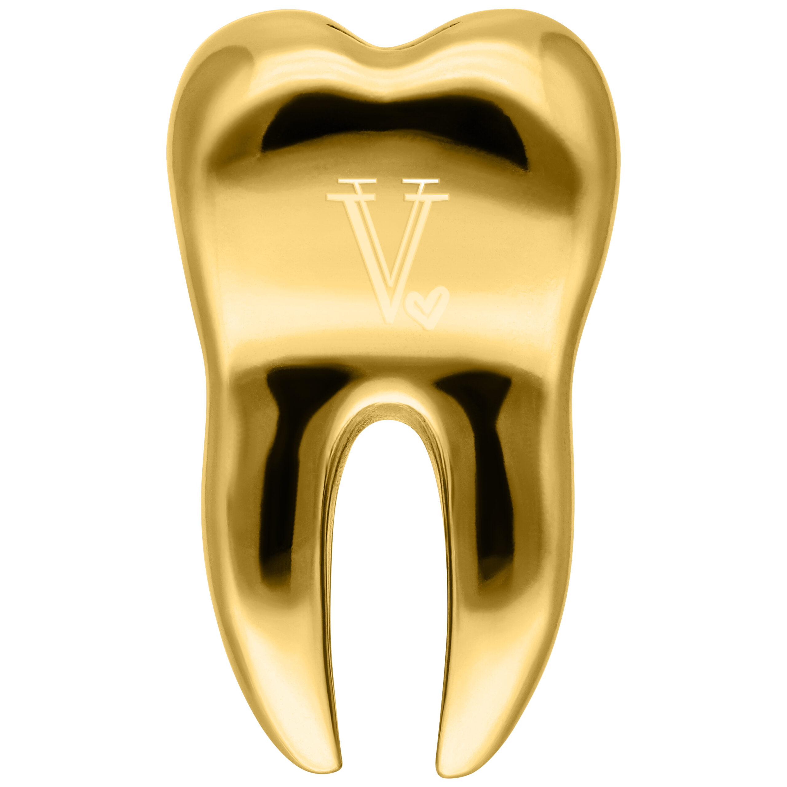 Goldenes Tiny Tooth Ohrgewicht von Verena Venus Goldenes Ohrgewicht in Zahnform mit Verena Venus Logo auf weißem Hintergrund