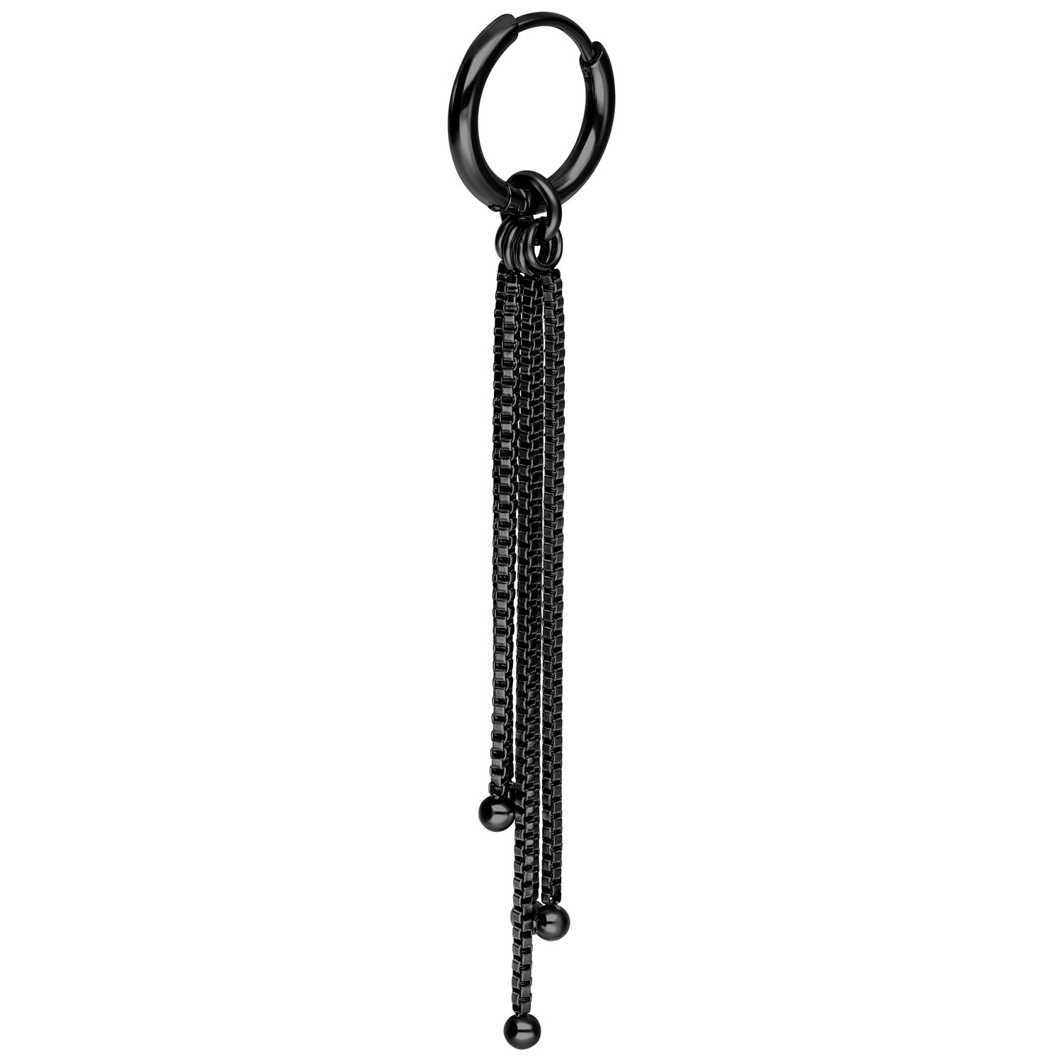 Schwarze Venezia Ketten-Ohrringe aus Chirurgenstahl mit Klappverschluss auf weißem Hintergrund
