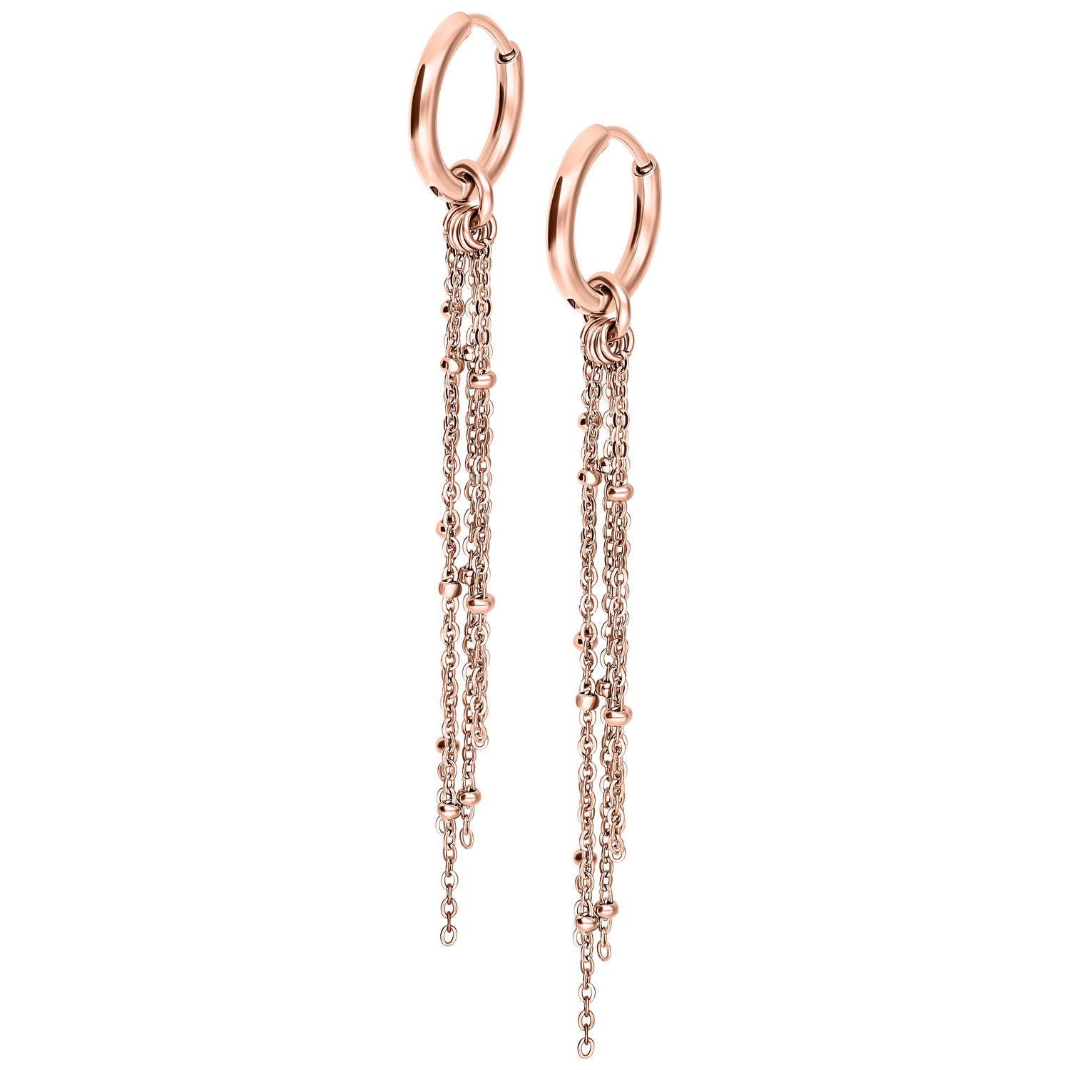 Roségoldene Little Satellite Chain Hoops Roségoldene Ohrringe mit Kettendetails auf weißem Hintergrund