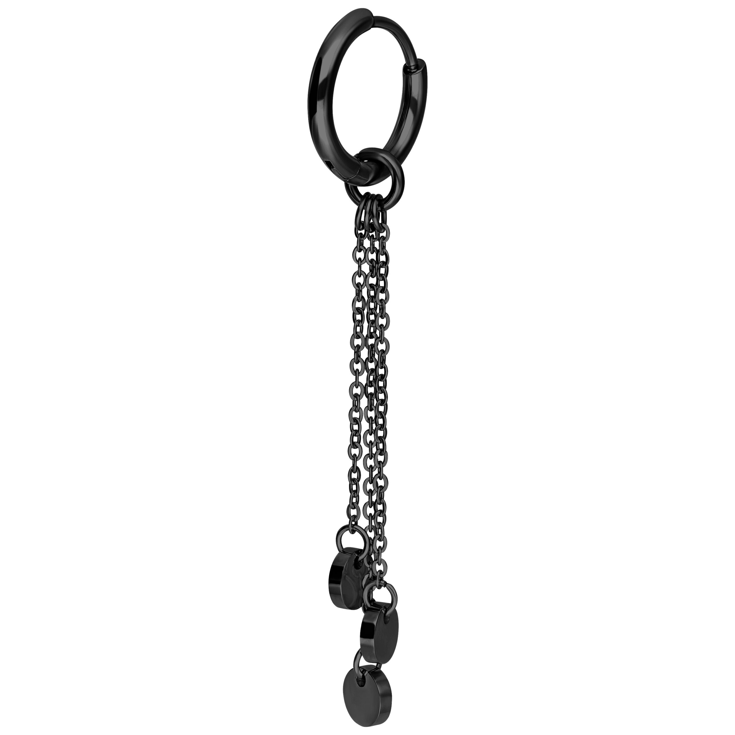 Schwarze Ohrringe aus Chirurgenstahl mit Kettenanhänger auf weißem Hintergrund