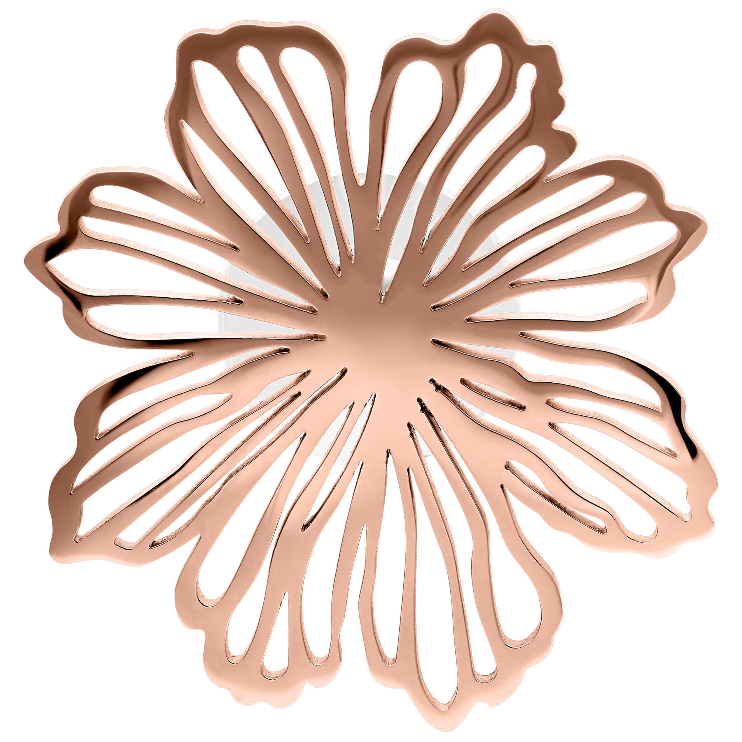 Roségoldene Ohrstecker in Blumenform aus hochglanzpoliertem Chirurgenstahl 316L auf weißem Hintergrund