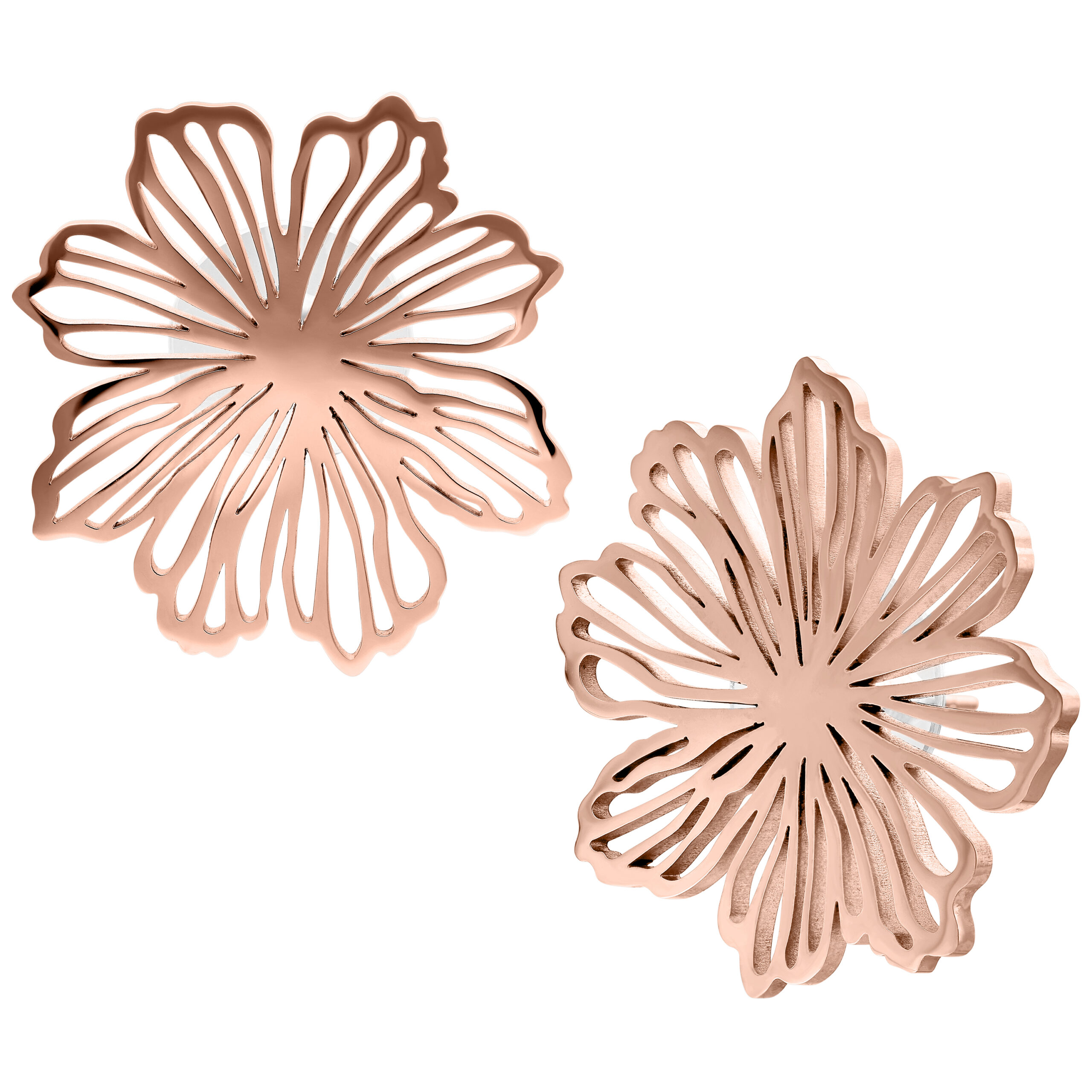 Paar feine Blumen Ohrstecker aus Chirurgenstahl in Roségold auf weißem Hintergrund