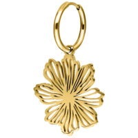 Goldene Blumen-Ohrringe aus Chirurgenstahl Goldene Ohrringe mit Blumenmotiv auf weißem Hintergrund
