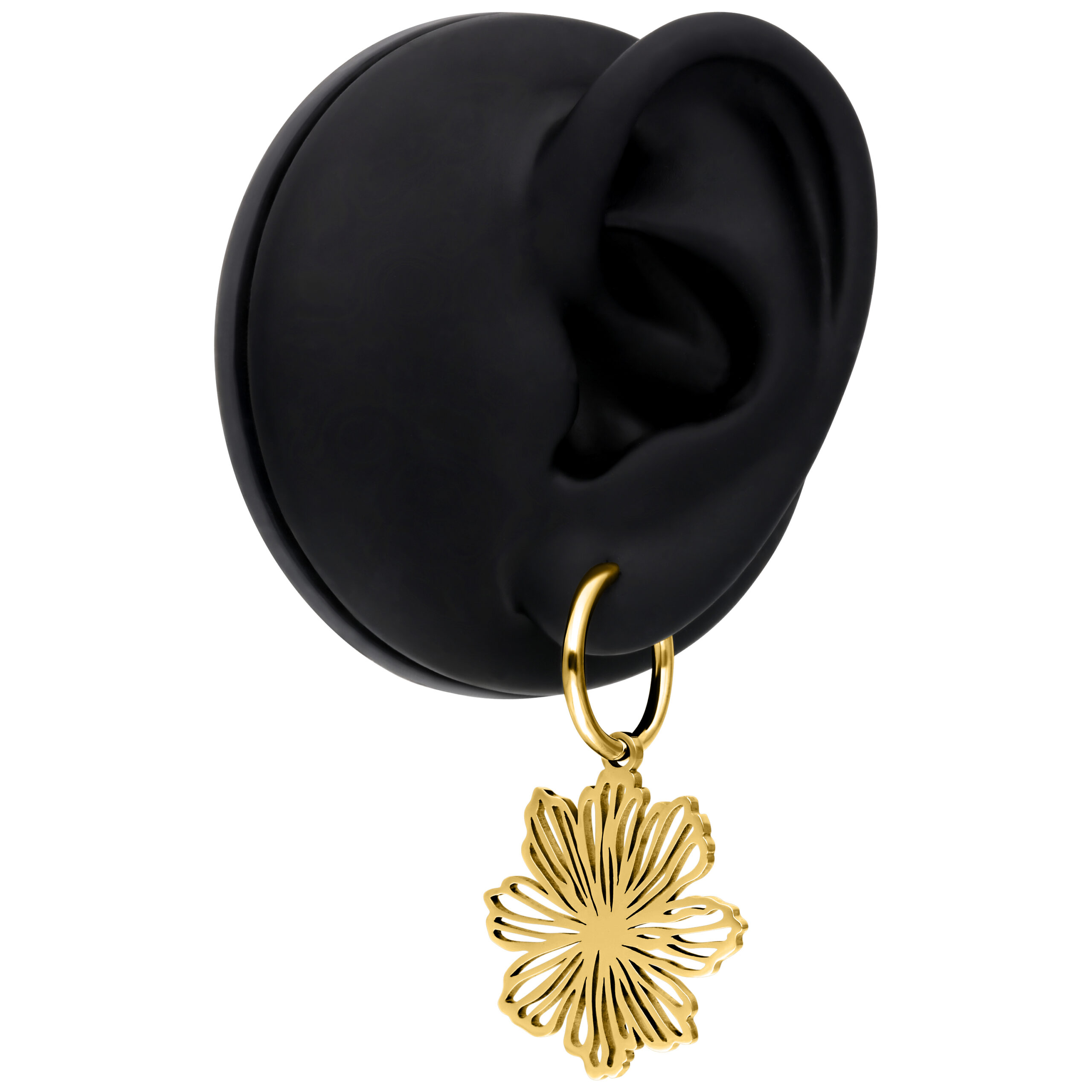 Goldene Blumen-Ohrringe aus Chirurgenstahl Goldene Ohrringe mit Blumenanhänger an einem schwarzen Ohrmodell