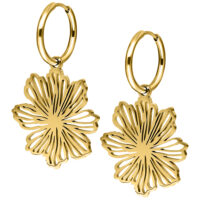 Goldene Fine Flower Hoops aus Metall Zwei goldene Ohrringe in Blumenform auf weißem Hintergrund
