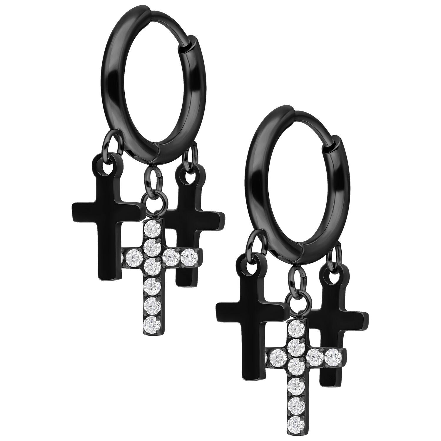 Schwarze Hängende Kreuz-Ohrringe aus Chirurgenstahl Schwarze Creolen mit hängenden Kreuzen, verziert mit klaren Kristallen, auf weißem Hintergrund