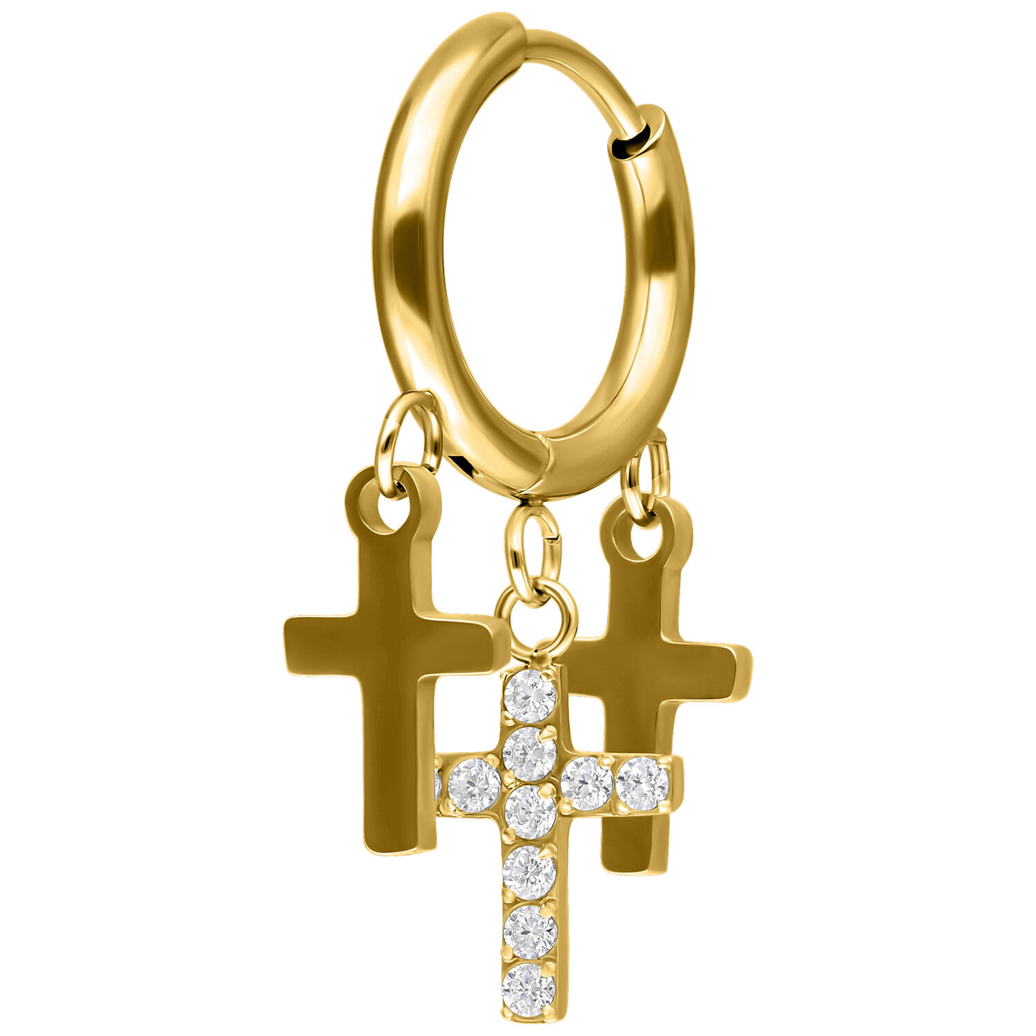 Kleine hängende Kreuz-Creolen in Gold Goldene Creolen mit drei kleinen, hängenden Kreuzen auf weißem Hintergrund