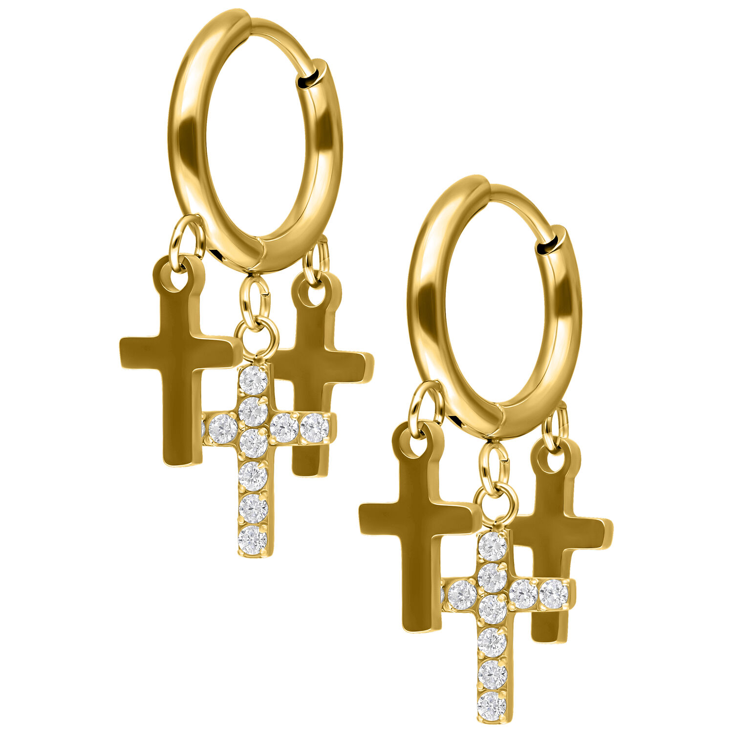 Goldene Kreuz Creolen mit Anhängern Zwei goldene Creolen mit kleinen, funkelnden Kreuzanhängern auf weißem Hintergrund