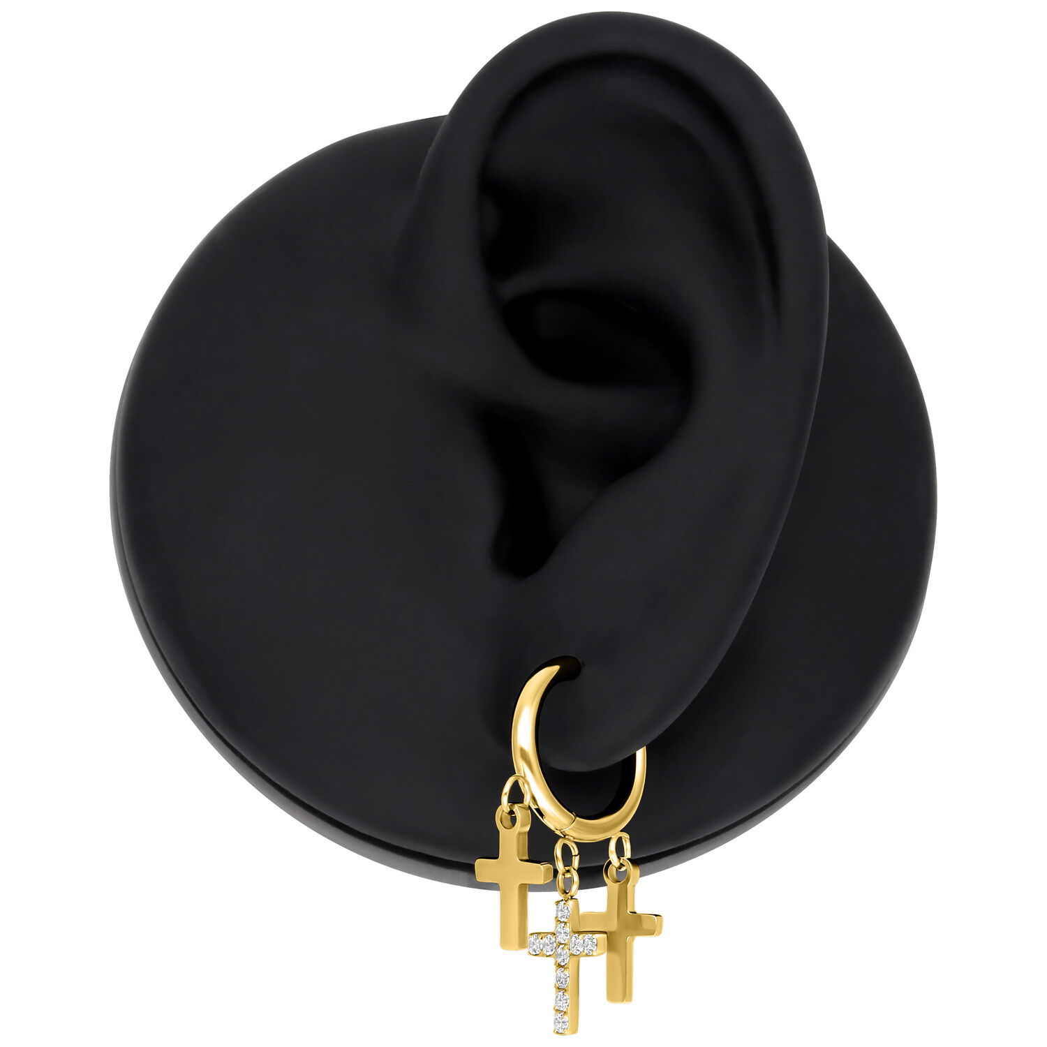 Goldene Kreuz Creolen mit Anhänger Kleine goldene Creolen mit hängendem Kreuz an schwarzem Ohrmodell