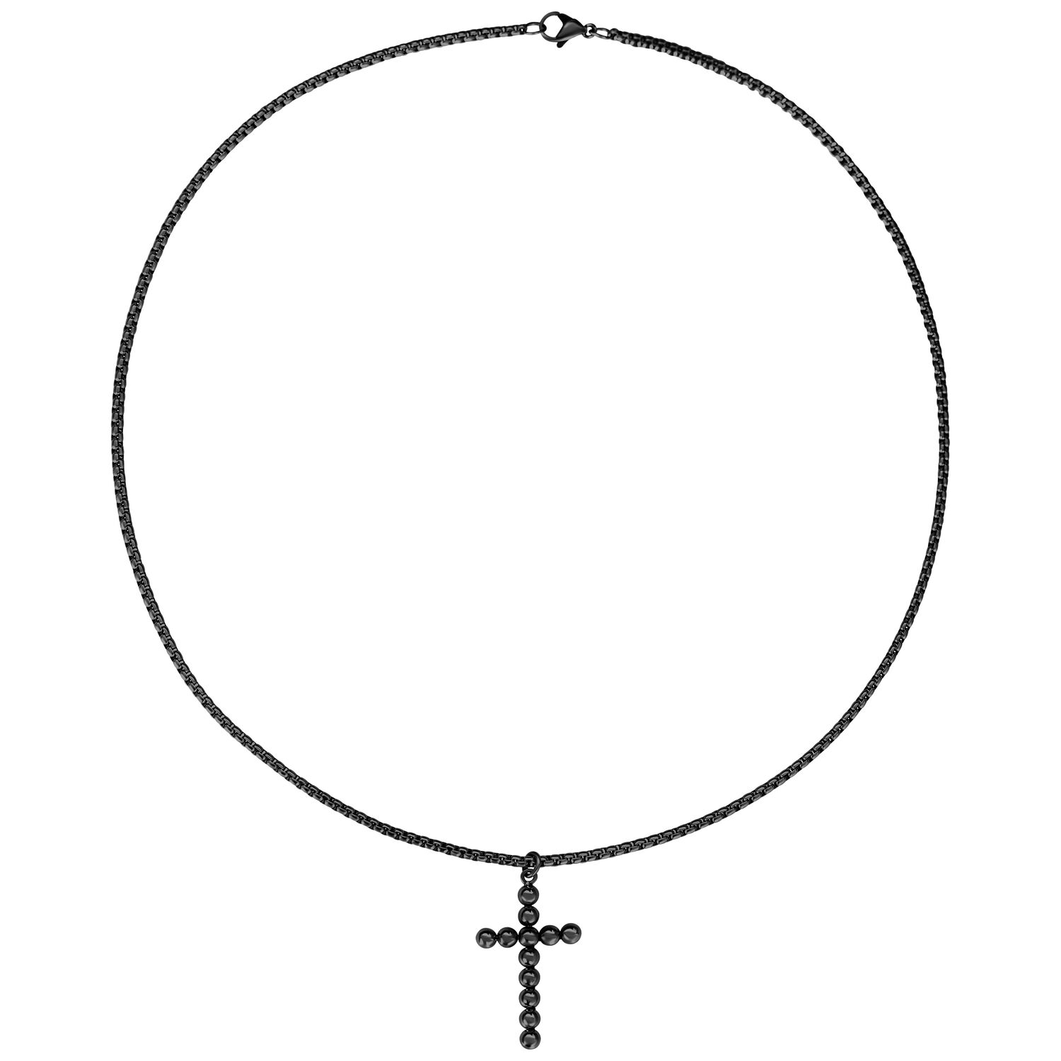 Schwarze Kreuzkette aus Chirurgenstahl mit Blasenstruktur auf weißem Hintergrund