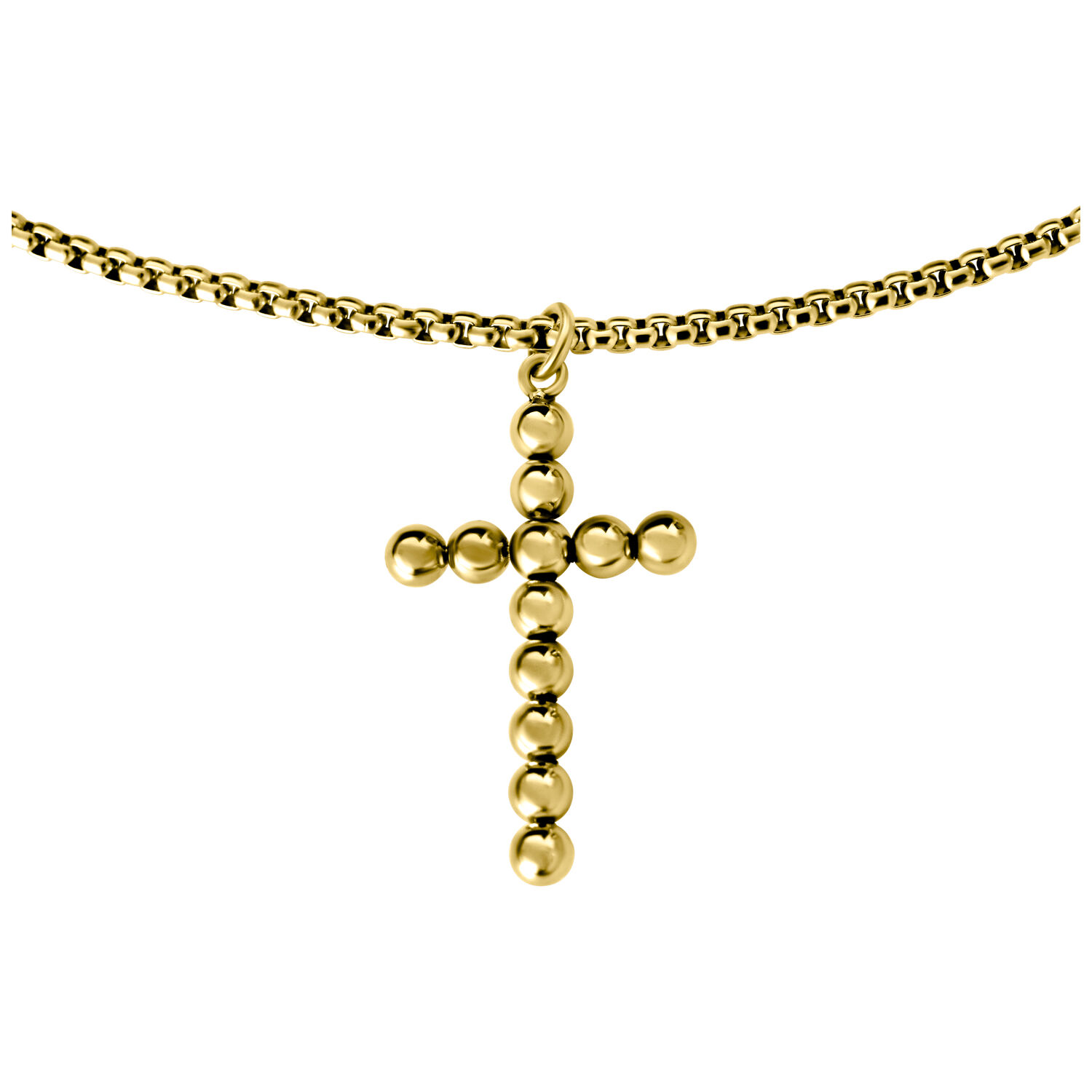 Goldene Kugelkreuz-Halskette auf weißem Hintergrund