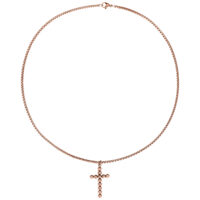 Kaulakoru kirurginteräksestä 316L ruusukullassa ristiriipuksella valkoisella taustalla