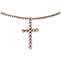 Ruusukultainen kaulakoru helmistä valmistetulla ristiriipuksella valkoisella taustalla