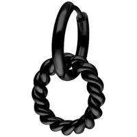Twisted Circle Hoops Schwarz Ohrringe Schwarze gedrehte Creolen aus Chirurgenstahl vor weißem Hintergrund
