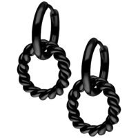 Twisted Circle Hoops in Schwarz, Chirurgenstahl Schwarze Twisted Circle Hoops aus Chirurgenstahl mit Klappverschluss auf weißem Hintergrund