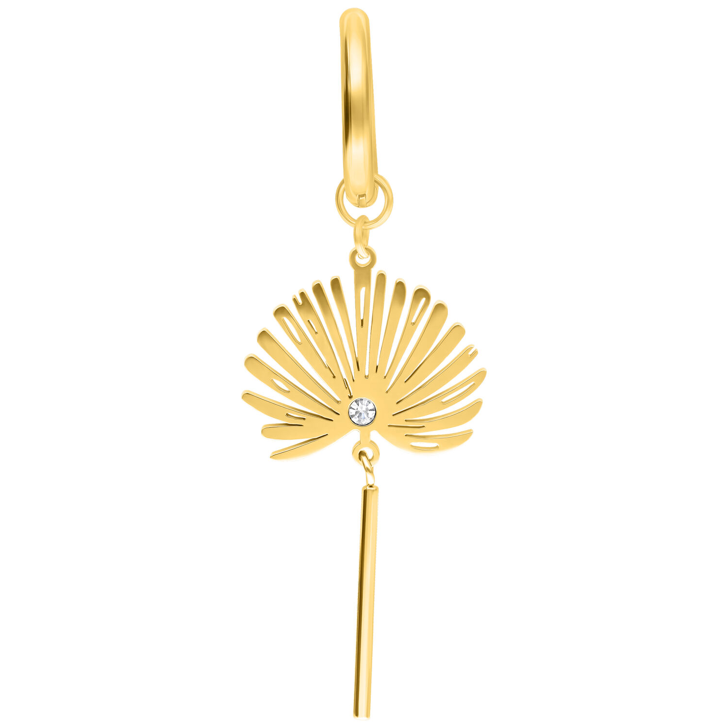 Goldene Little Petticoat Hoops mit Klappverschluss Goldene Ohrringe Little Petticoat Hoops mit Klappverschluss und Kristall auf weißem Hintergrund