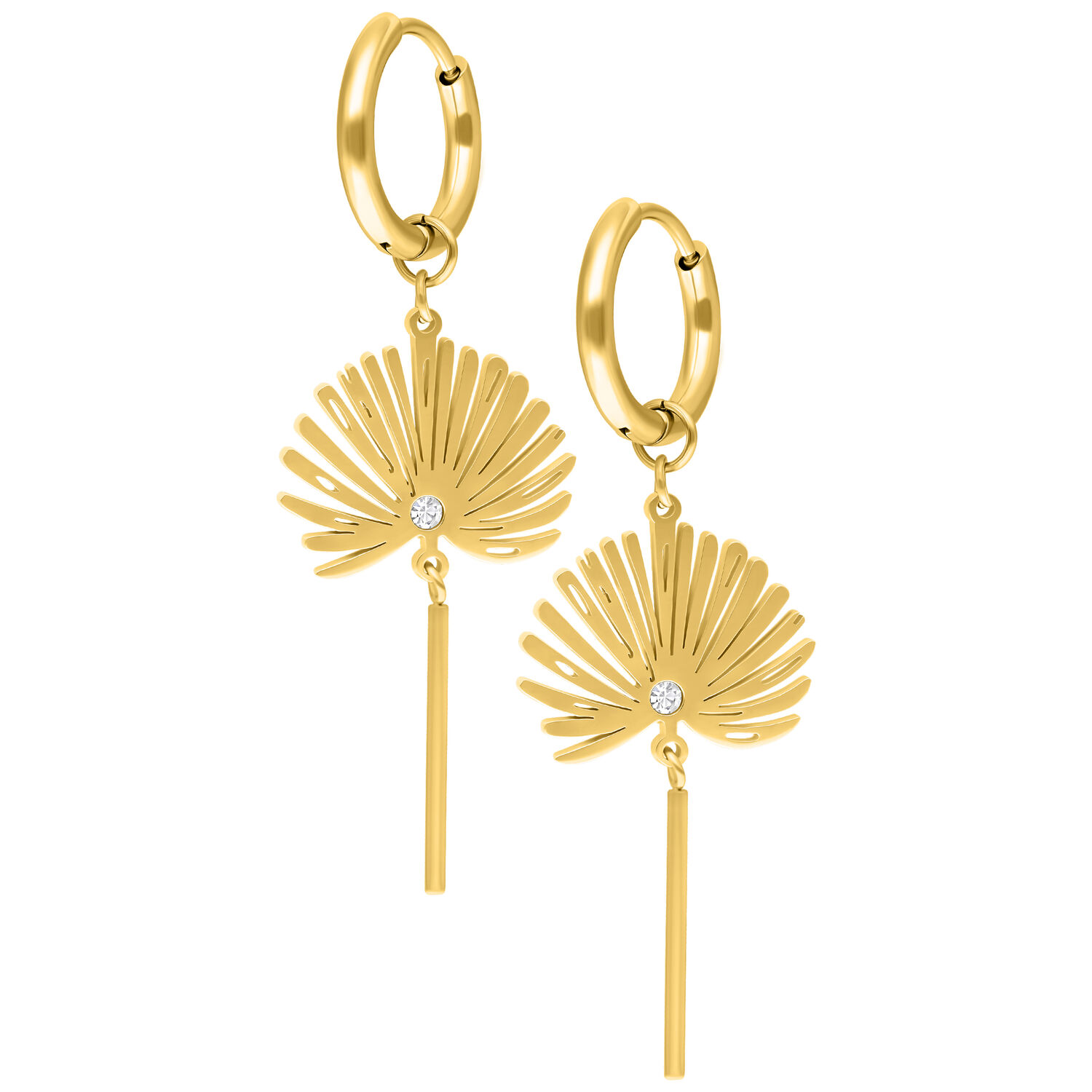 Goldene Little Petticoat Hoops mit Anhänger Zwei goldene Creolen mit fächerförmigem Anhänger und klarem Kristall auf weißem Hintergrund