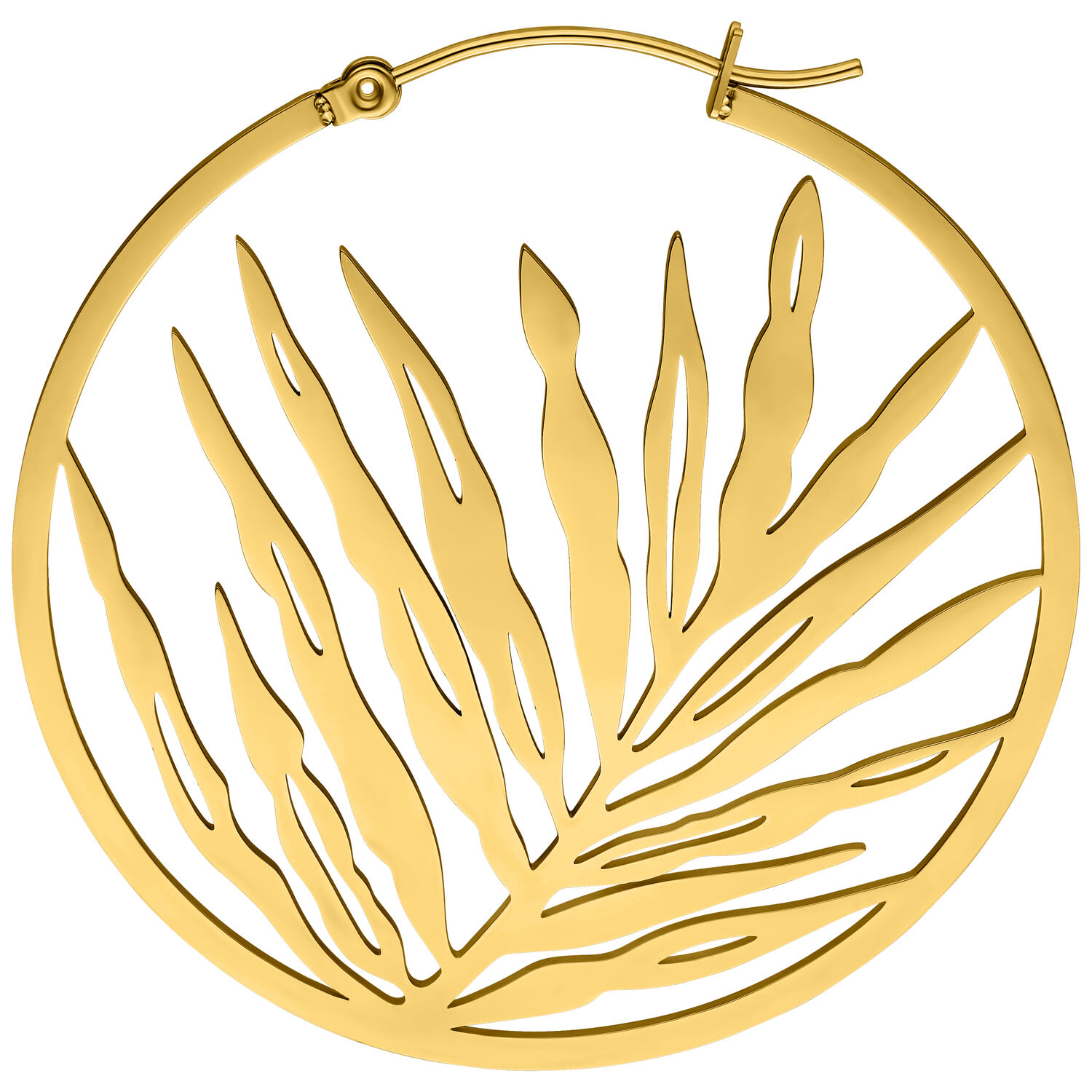 Goldene Noble Leaf Hoops Ohrringe Goldene Ohrringe mit Blattmotiv auf weißem Hintergrund
