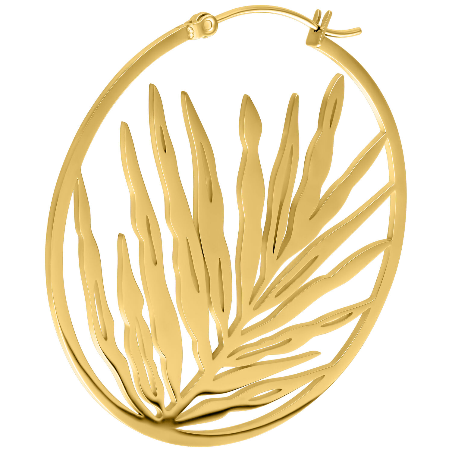 Noble Leaf Hoops Paar in Gold Goldene Ohrringe in Blattform mit Klappverschluss auf weißem Hintergrund