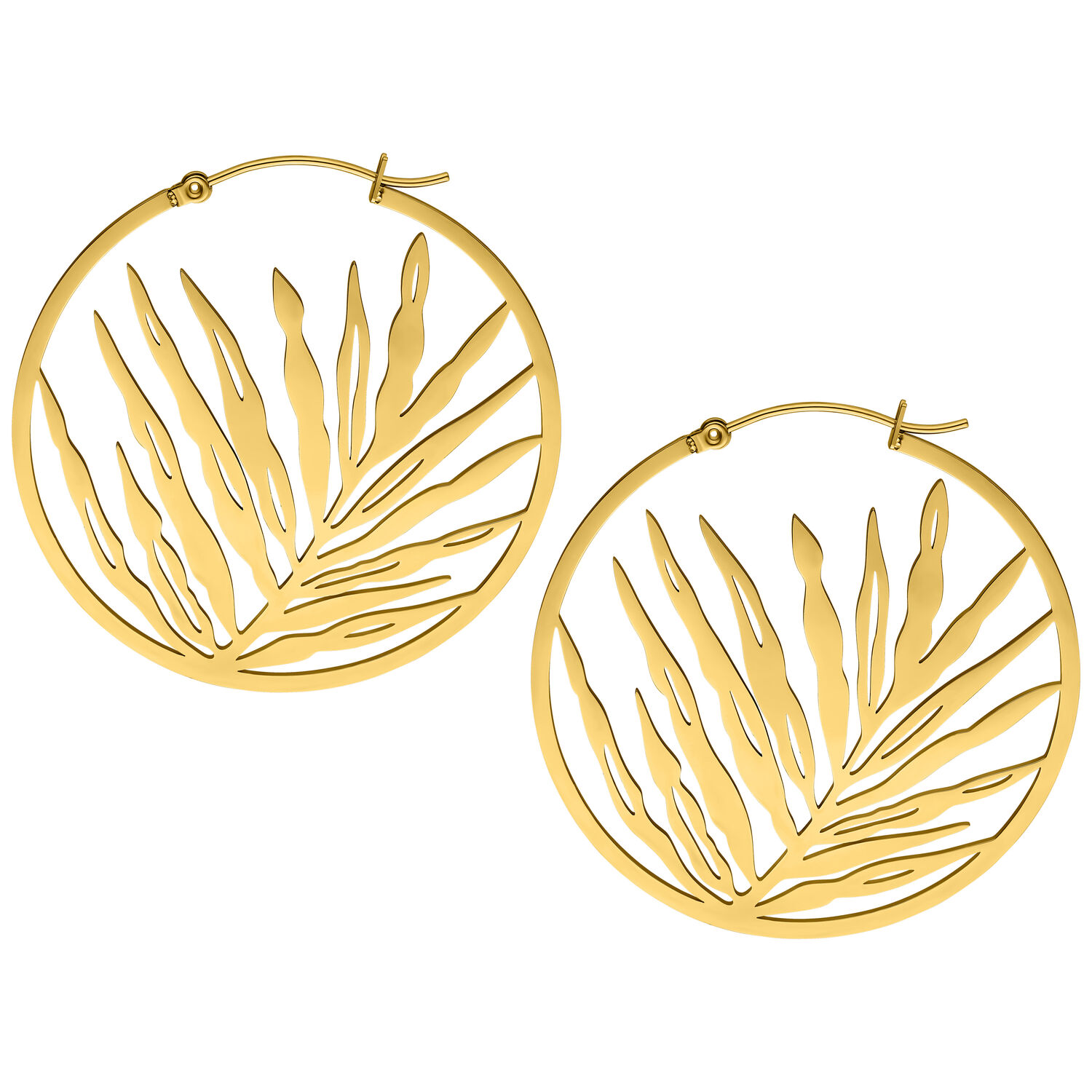 Goldene Noble Leaf Hoops Ohrringe Paar Goldene Ohrringe in Blattdesign auf weißem Hintergrund
