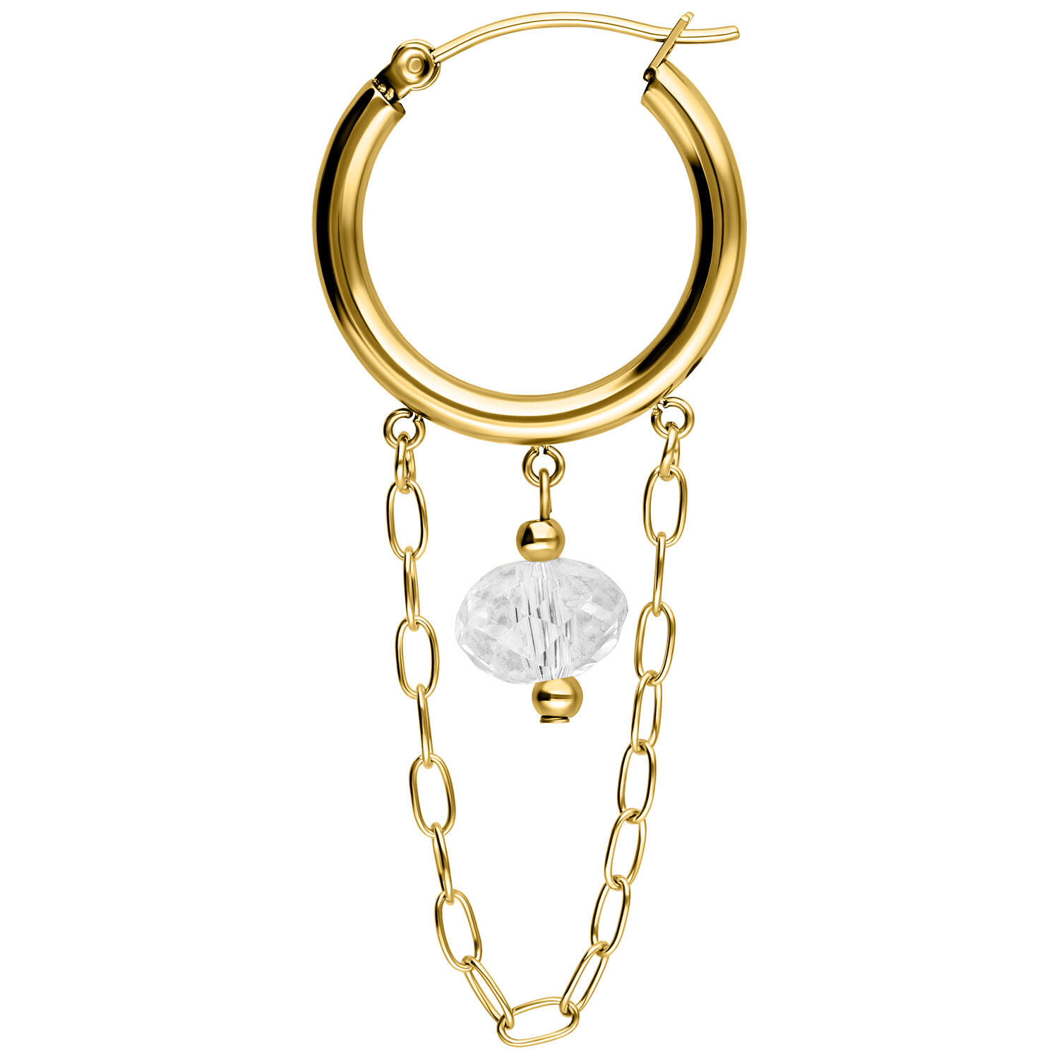 Goldener Ohrring mit weißem Stein und Kettenanhänger auf weißem Hintergrund