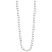 Lange Perlenkette mit großen synthetischen Perlen und goldenen Metallakzenten auf weißem Hintergrund