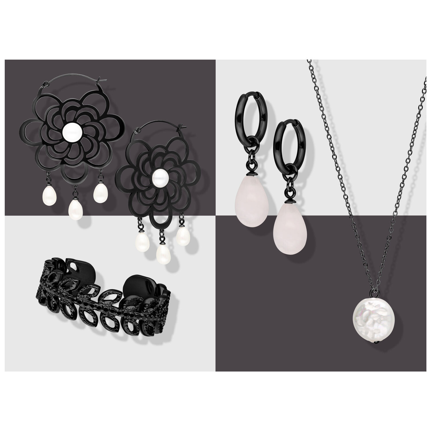 Schwarze Ohrringe, Halskette und Armband aus Chirurgenstahl 316L auf grauem Hintergrund