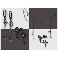 Schwarze Piercing-Schmuckstücke, Sterne und Ketten auf weißem Hintergrund
