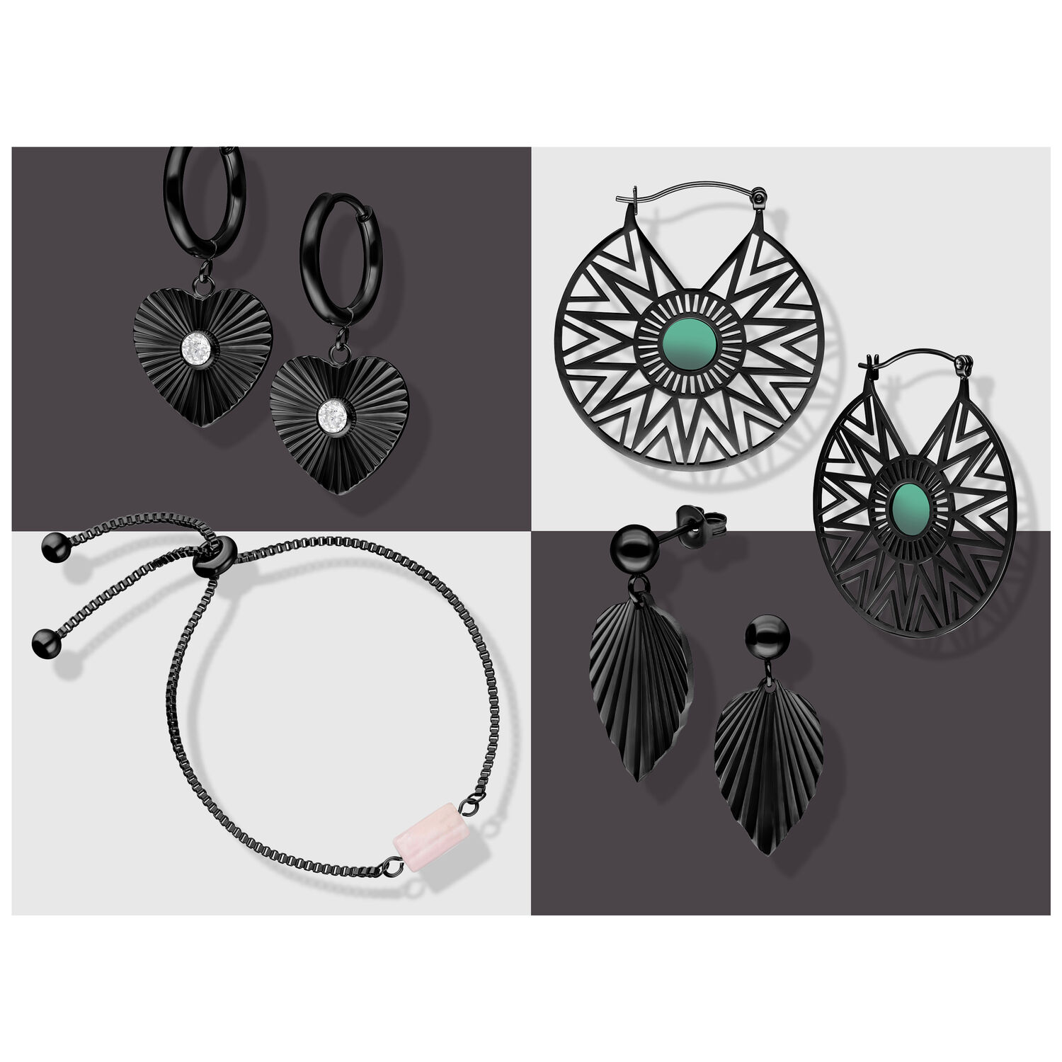 Schwarze Ohrringe und Armband auf zweifarbigem Hintergrund